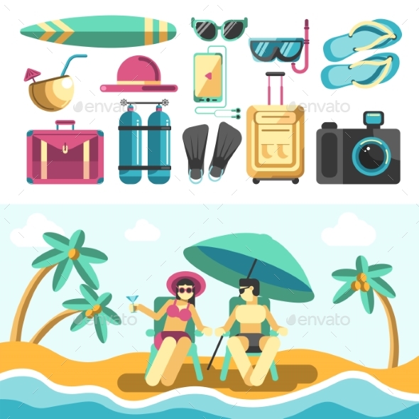 Man and Woman on Beach and Set of Vacation Things - Seasons/Holidays Conceptual