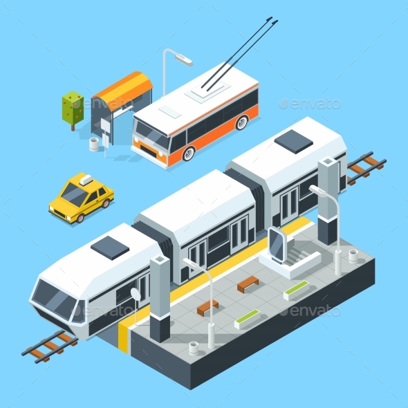 Isometric Public Transport Stations. Bus and Train - Objects Vectors
