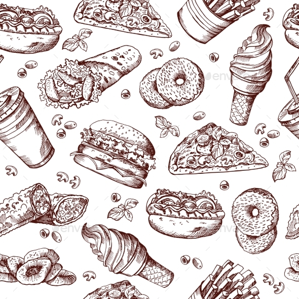 Fast Food Vector Seamless Pattern. Hand Drawn - Backgrounds Decorative