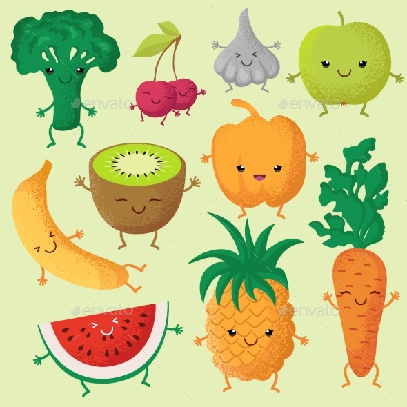 Happy Cartoon Fruits and Garden Vegetables - Food Objects