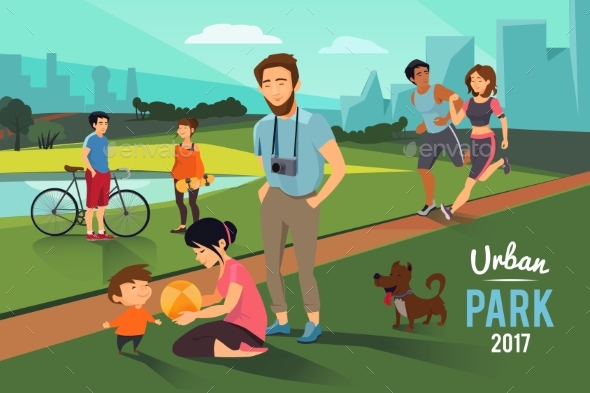 Outdoor Activities in Urban Park. Happy Family - People Characters