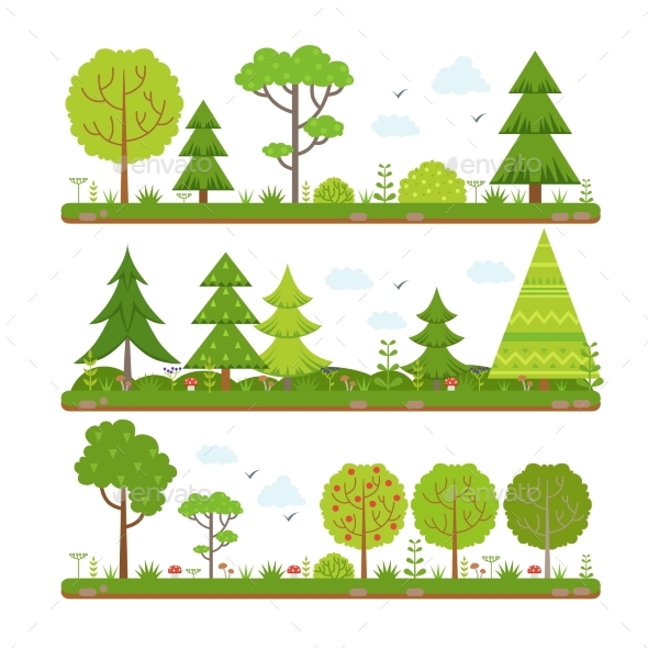 Vector Landscape Set with Forest Trees and Other - Organic Objects Objects
