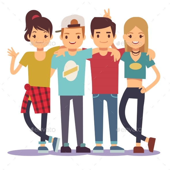 Smiling Young Hugging Friends. Adolescentes - People Characters