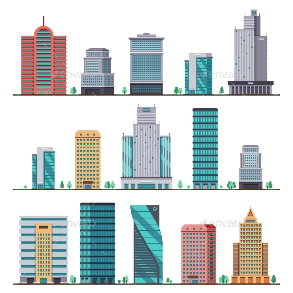 Buildings and Modern City Houses Flat Vector Icons - Buildings Objects
