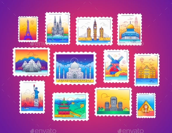 Stamps - Vector Line Travel Illustration - Travel Conceptual