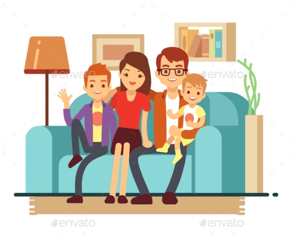 Smiling Young Family on Sofa - People Characters