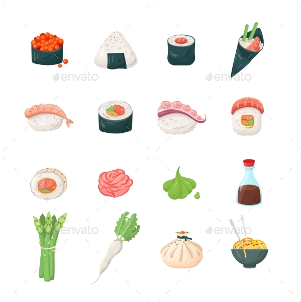 Japanese meals - vector icons set - Food Objects