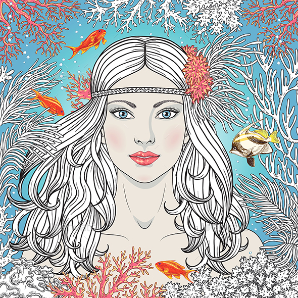 Mermaid Girl Among Corals and Fishes - People Characters