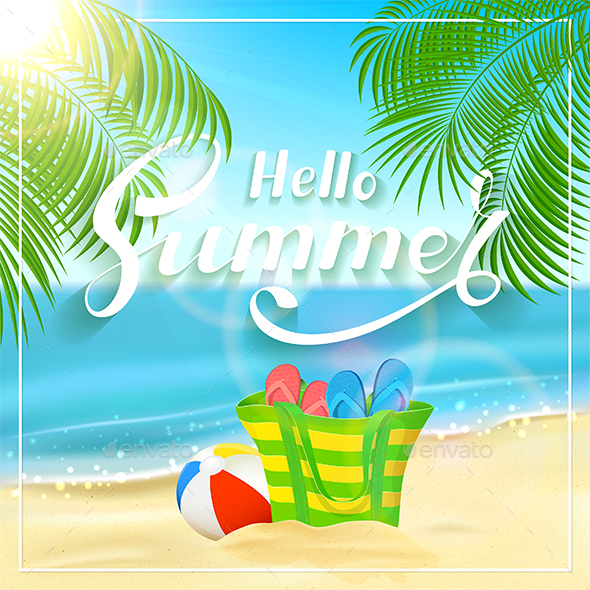 Bag on Tropical Beach and Lettering Hello Summer - Travel Conceptual