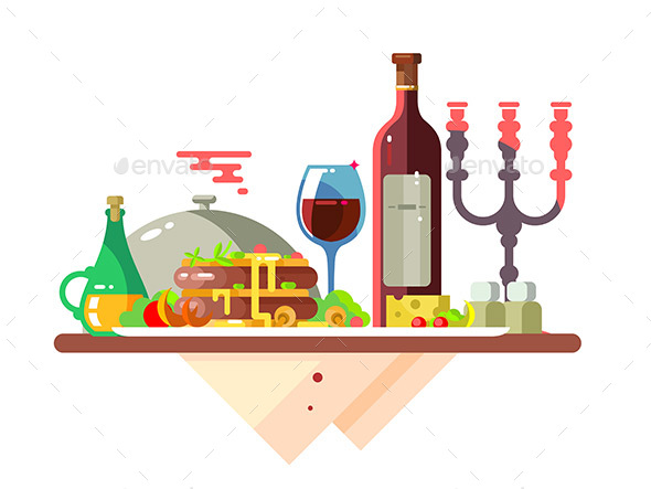 Dinner Table with Food at Restaurant - Food Objects