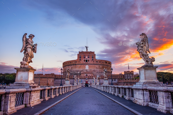 Scenic view of Castle of St. Angelo in Rome at sunrise - Stock Photo - Images