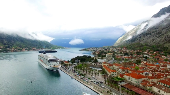 Huge Cruise Ship in the Bay of Kotor in Montenegro. Near the Old