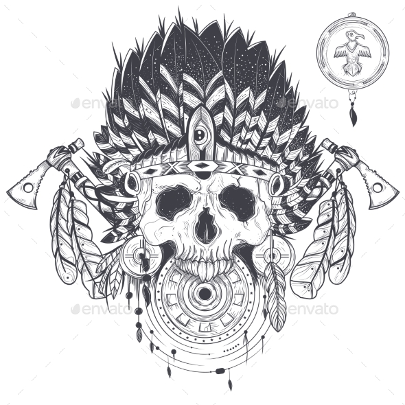 Vector Illustration of a Human Skull in an Indian - Tattoos Vectors