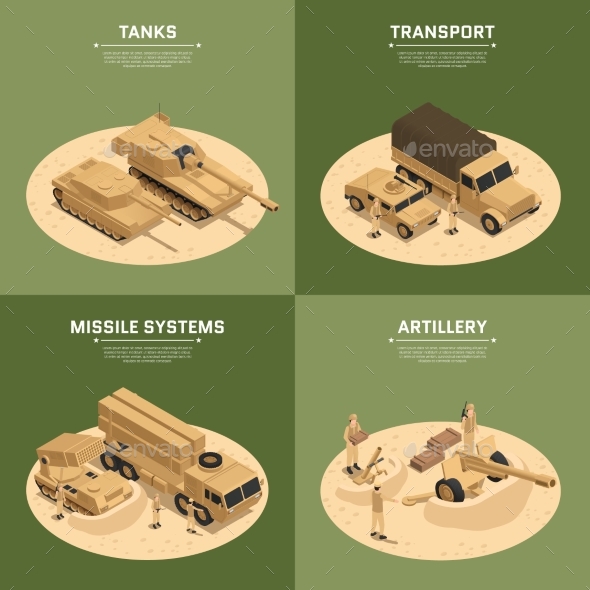 Square Military Vehicles Isometric Icon Set