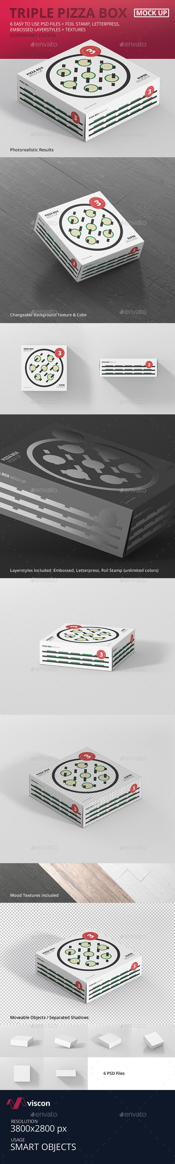 Pizza Box Mock-Up - Triple Pack Supermarket Edition - Food and Drink Packaging