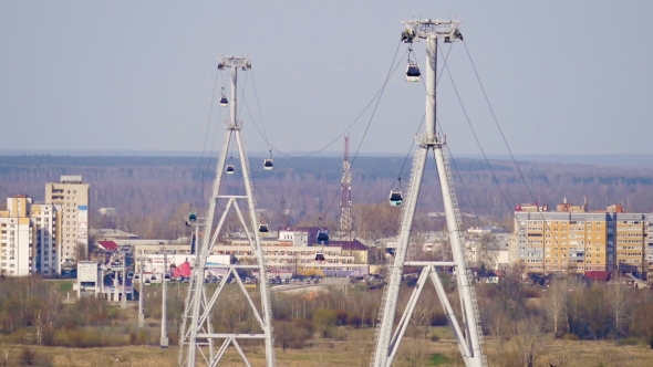 the Cableway Across the River with Moving It Stalls in Nizhny Novgorod