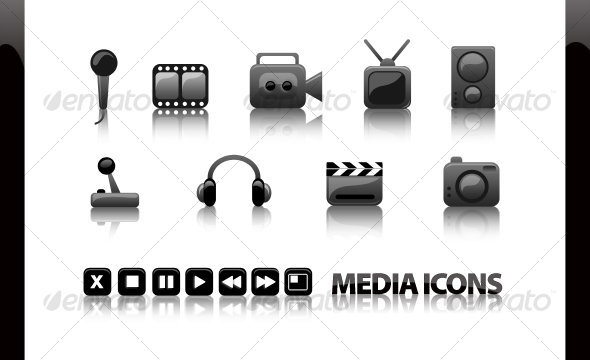 Glossy Media Icons - video, audio, games 16 pcs. - Media Icons