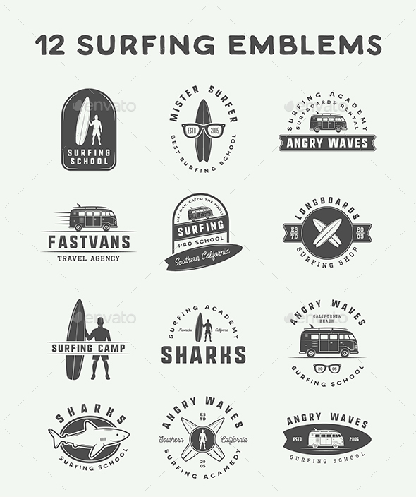 12 Surfing Emblems - Badges & Stickers Web Elements