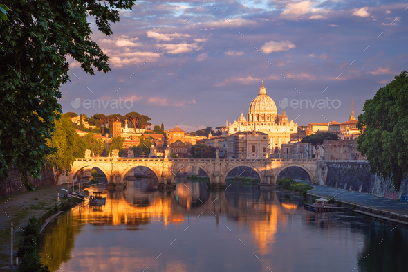 Famous citiscape view of St Peters basilica in Rome - Stock Photo - Images