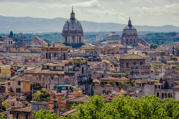 Rome skyline cityscape as see from Castle San Angelo - Stock Photo - Images