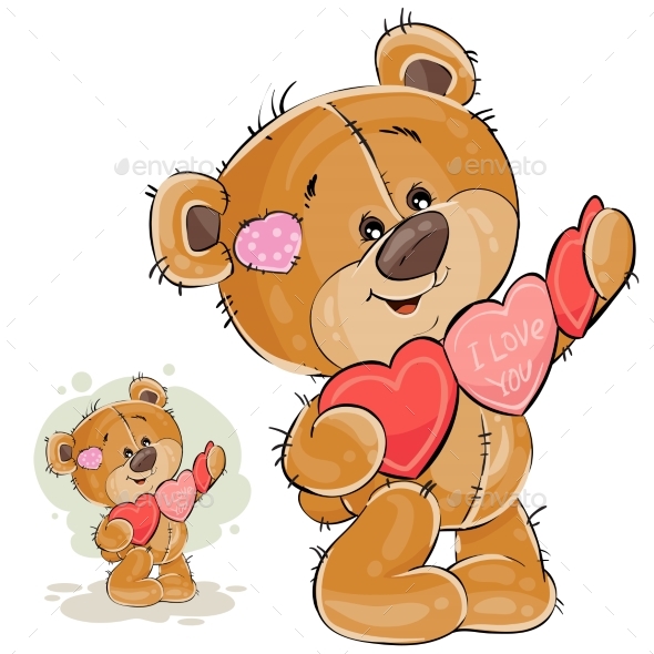 Brown Teddy Bear Holding Garland of Hearts - Animals Characters