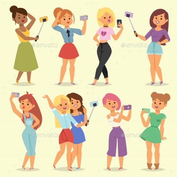 Cartoon Selfie Photo Girls Vector Illustration - People Characters