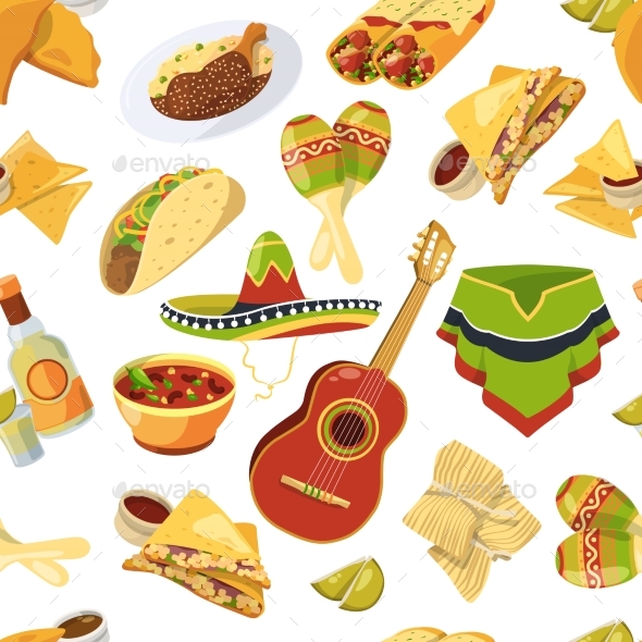 Mexican Food Vector Seamless Pattern on White - Backgrounds Decorative