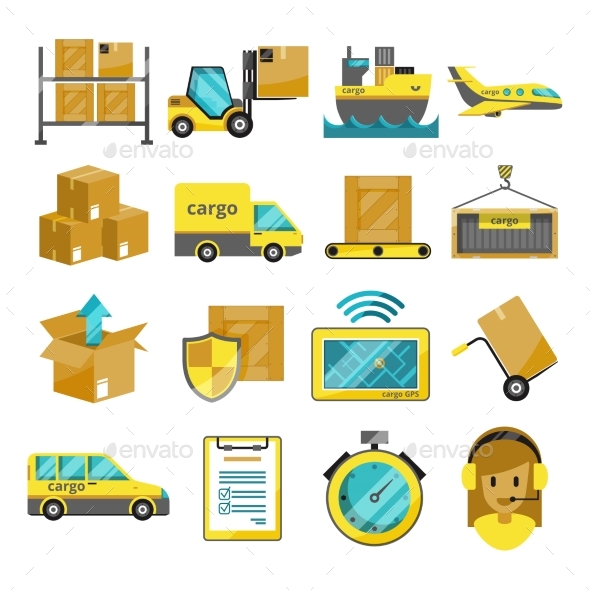 Cargo Vector Icon Set Isolated. Airplane, Harbor - Objects Vectors