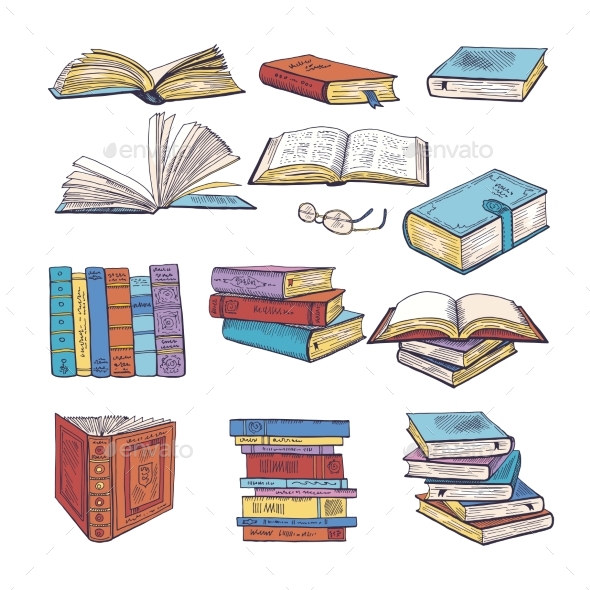 Set of Different Books. Encyclopedia, Dictionary - Objects Vectors