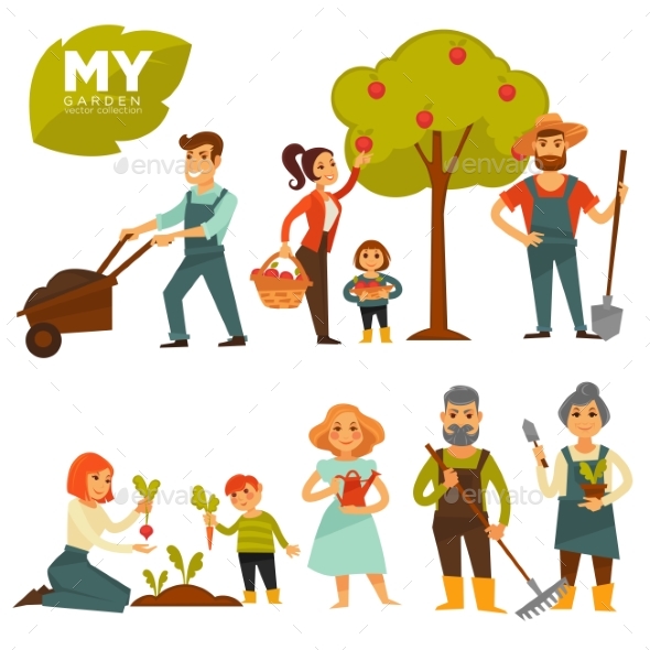 People Working in Garden Colorful Vector Poster - Flowers & Plants Nature