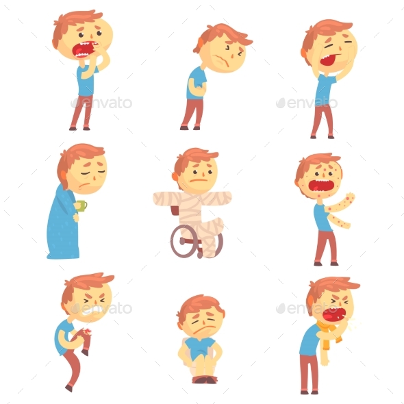 Sick Men Set of People with Pain and Diseases - Objects Vectors