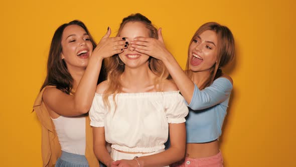 Three young beautiful smiling hipster girls in summer clothes alt