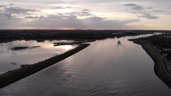Calm Waters Of The Tidal River Of Noord In South Holland, Netherlands. aerial alt