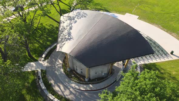 Panoramic view of newly completely stage shelter in La Crosse, Wisconsin, on a sunny day.