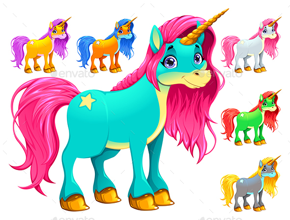 Set of Cartoon Unicorns - Animals Characters
