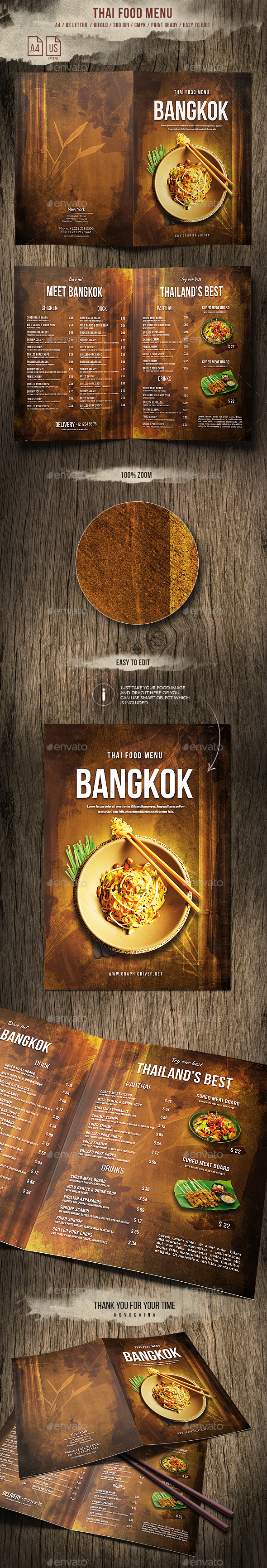 Thai A4 and US Letter Bifold Food Menu - Food Menus Print Templates