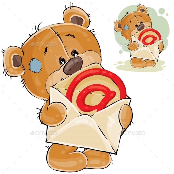 Brown Teddy Bear Holding Postal Envelope - Animals Characters