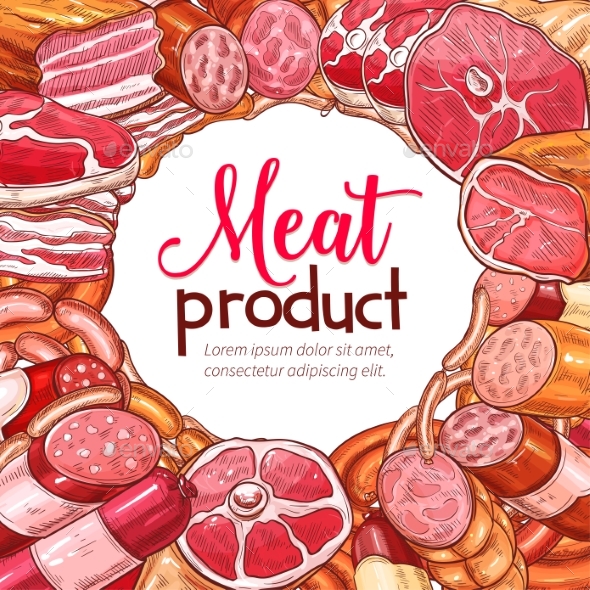 Meat Product and Sausage Sketch Poster - Food Objects