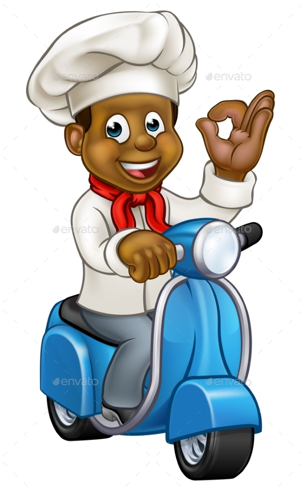 Cartoon Black Delivery Moped Chef - People Characters