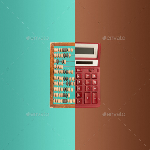 Old wooden abacus and new calculator on colored background. - Stock Photo - Images