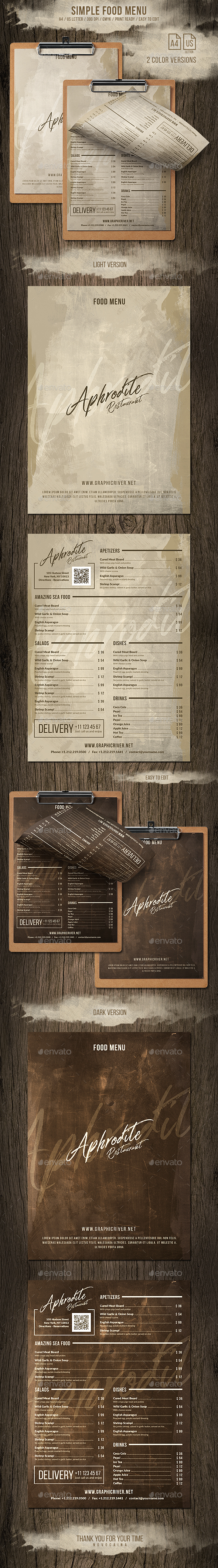 Simple Retro A4 and US Letter Menu (2 Color) - Food Menus Print Templates