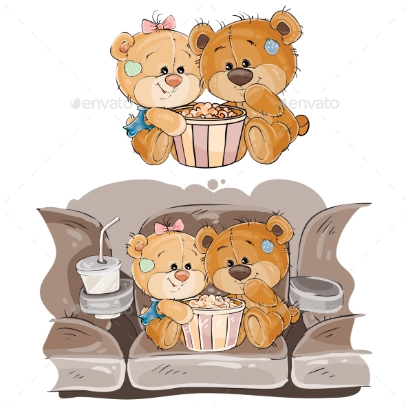 Brown Teddy Bears Sitting Watching Cinema - Animals Characters
