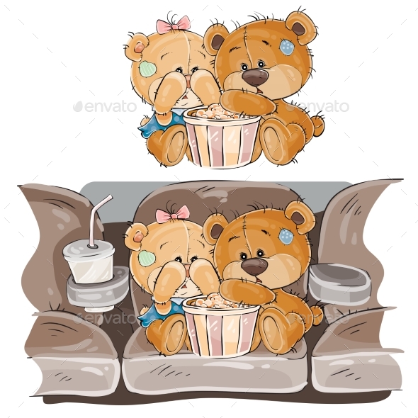 Couple of Brown Teddy Bears Watching Horror - Animals Characters