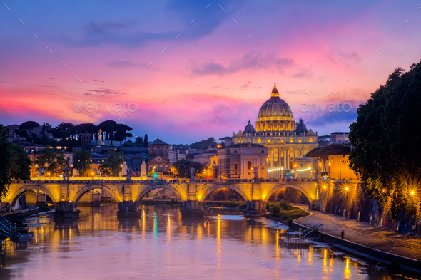 Famous cityscape view of St Peters basilica in Rome at sunset - Stock Photo - Images