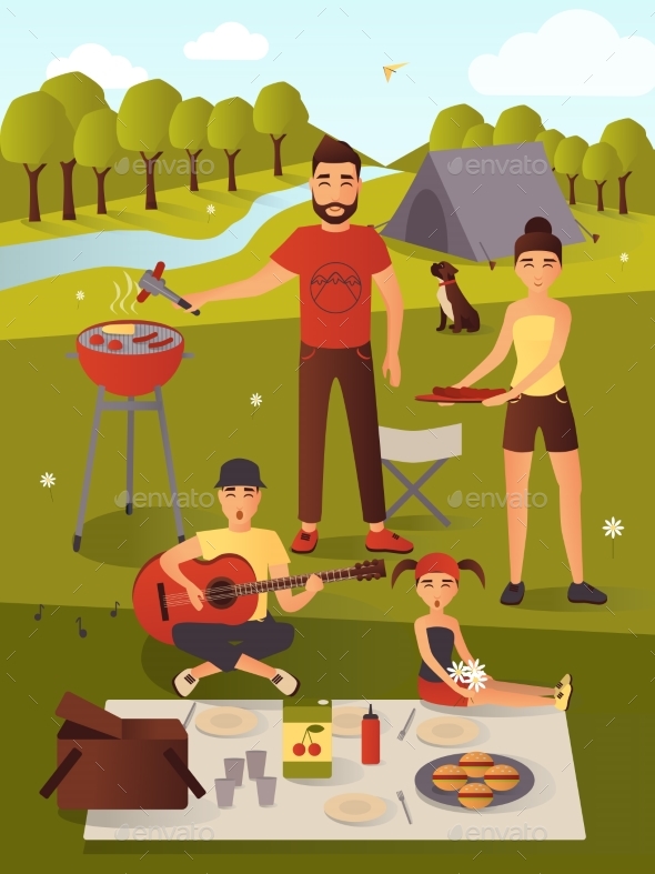 Family Picnic Vector Illustration in Flat Style - Travel Conceptual