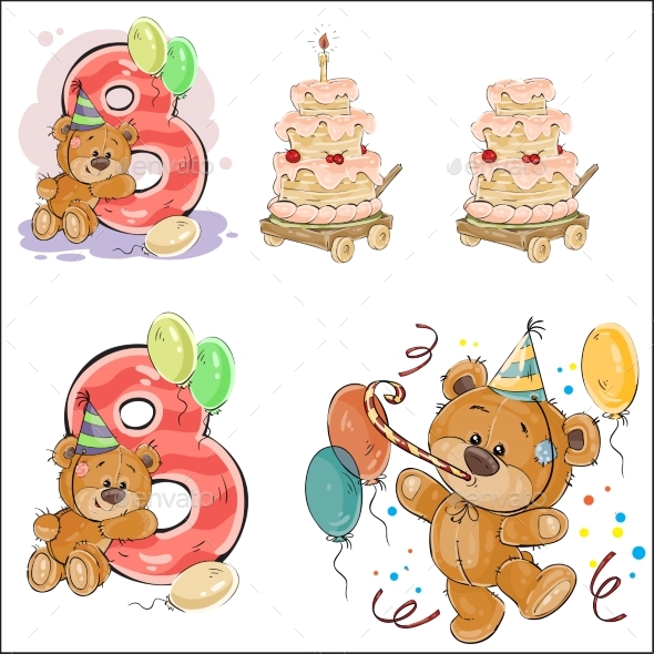 Set of Vector Illustrations with Brown Teddy Bear - Birthdays Seasons/Holidays