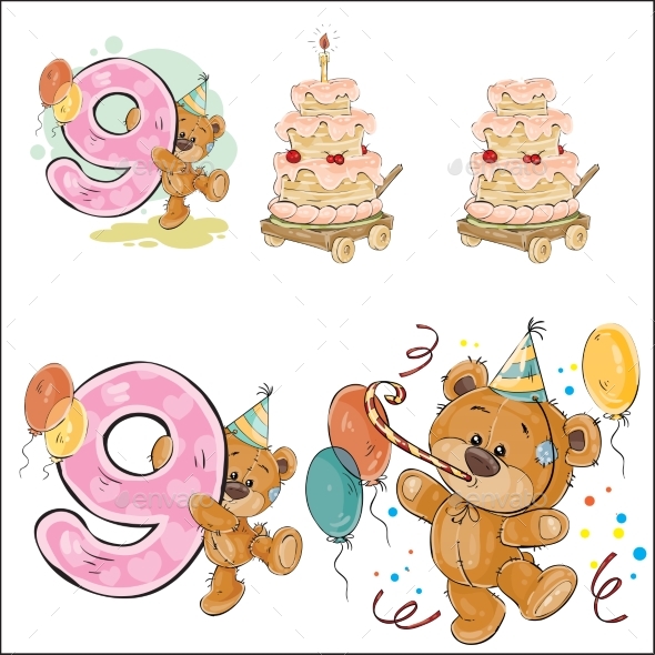 Set of Vector Illustrations with Brown Teddy Bear - Birthdays Seasons/Holidays