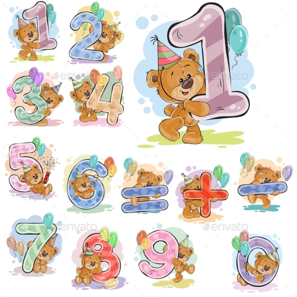 A Set of Vector Illustrations with a Brown Teddy - Birthdays Seasons/Holidays