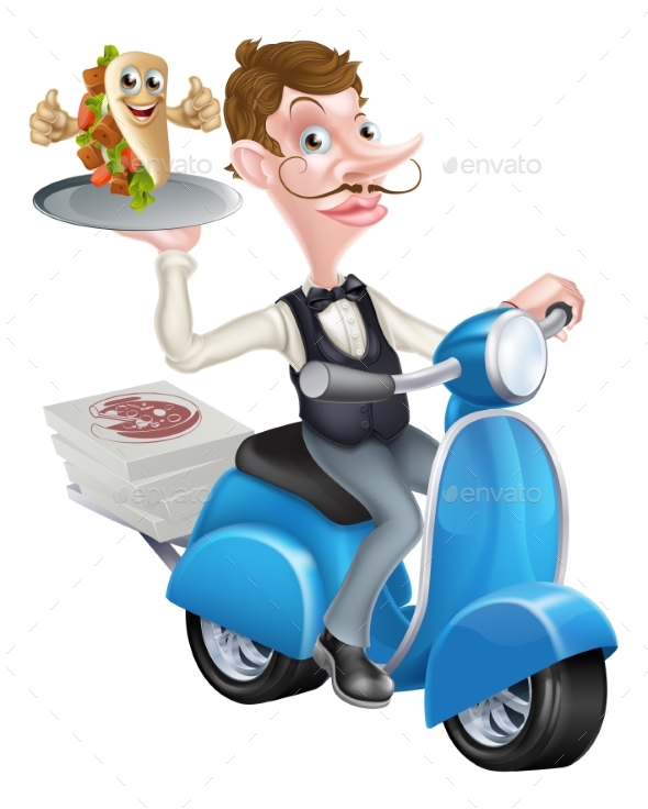 Waiter on Scooter Moped Delivering Wrap Kebab