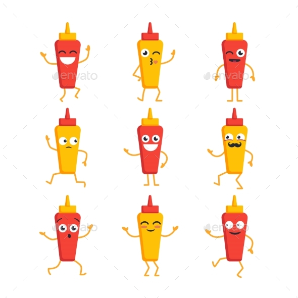 Ketchup and Mustard- Vector Set of Mascot - Food Objects